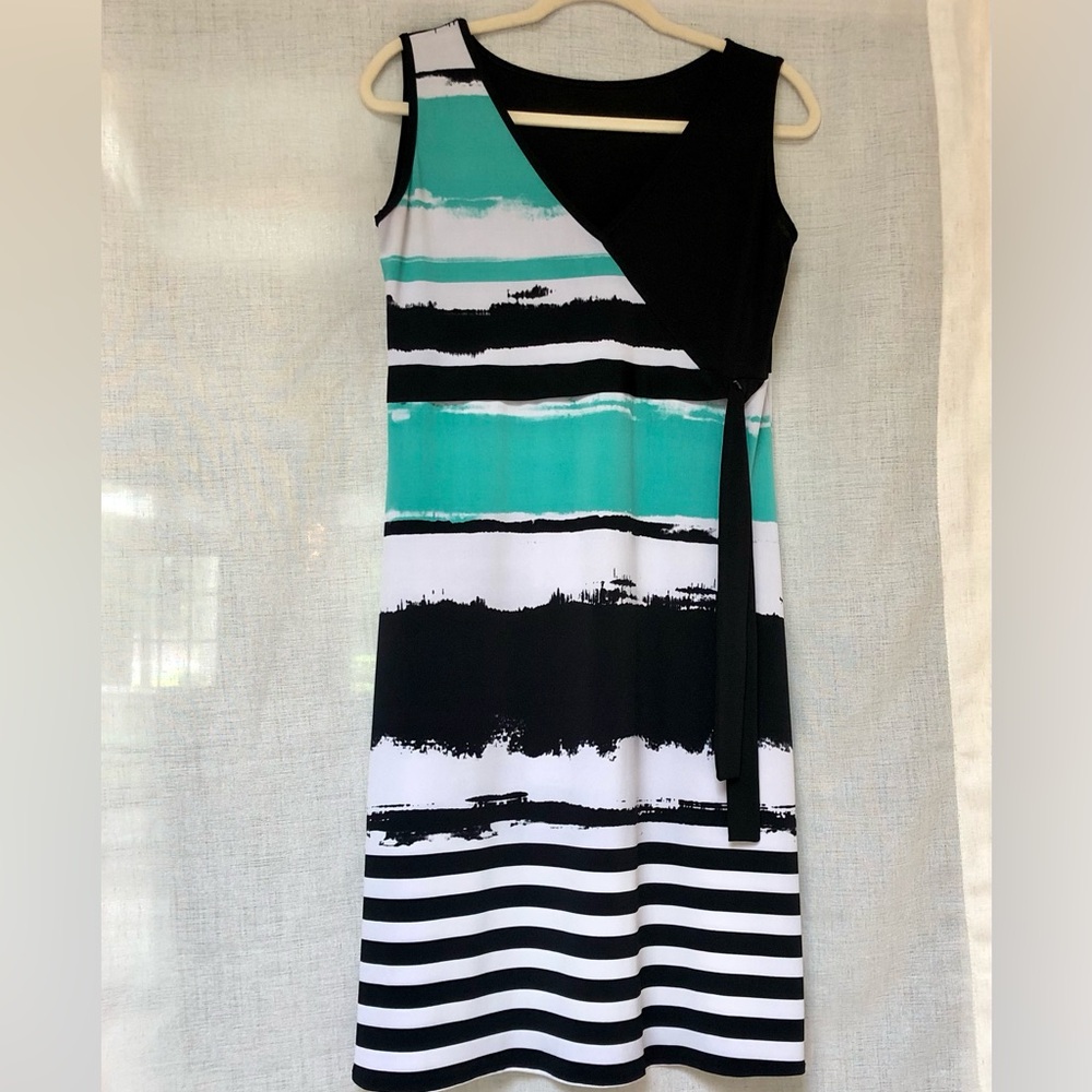 Mini silky jersey Dress.Sleeveless,striped teal/black/white.Black half top.Sz 12
